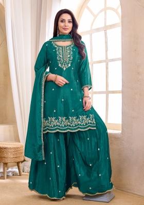 Teal Coading Work Chinon Salwar Kameez
