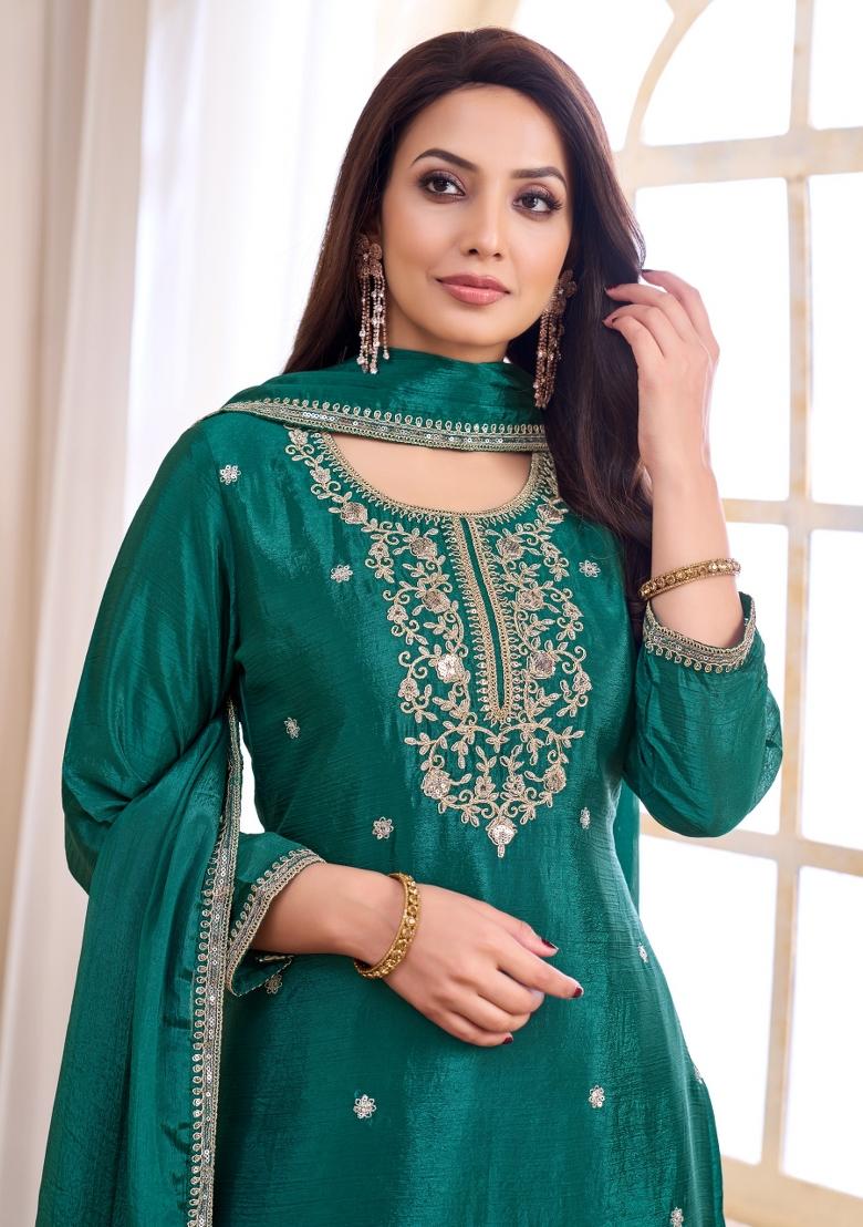 Teal Coading Work Chinon Salwar Kameez - Indya
