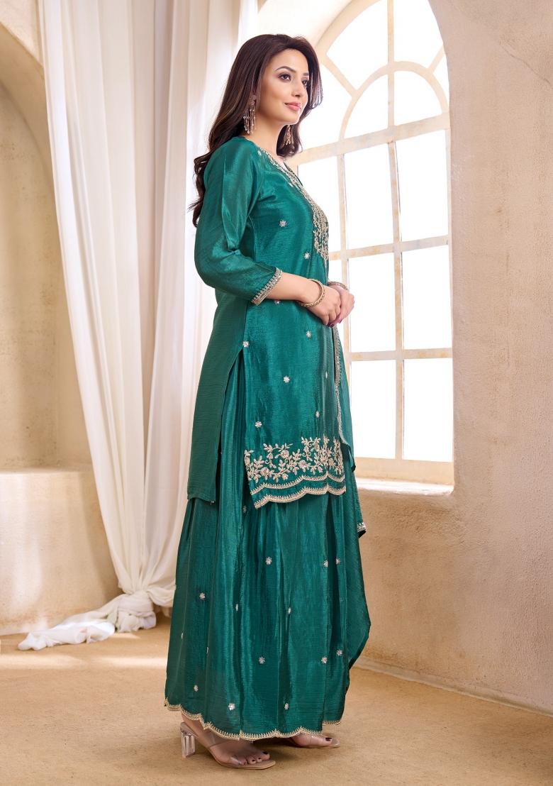 Teal Coading Work Chinon Salwar Kameez - Indya