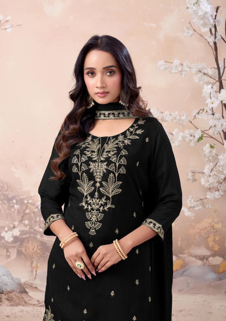 Black Coading Work Silk Blend Salwar Kameez - Indya