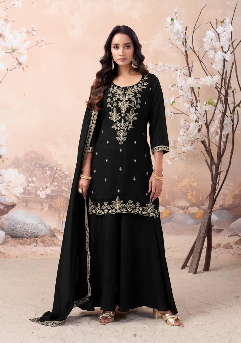 Black Coading Work Silk Blend Salwar Kameez - Indya