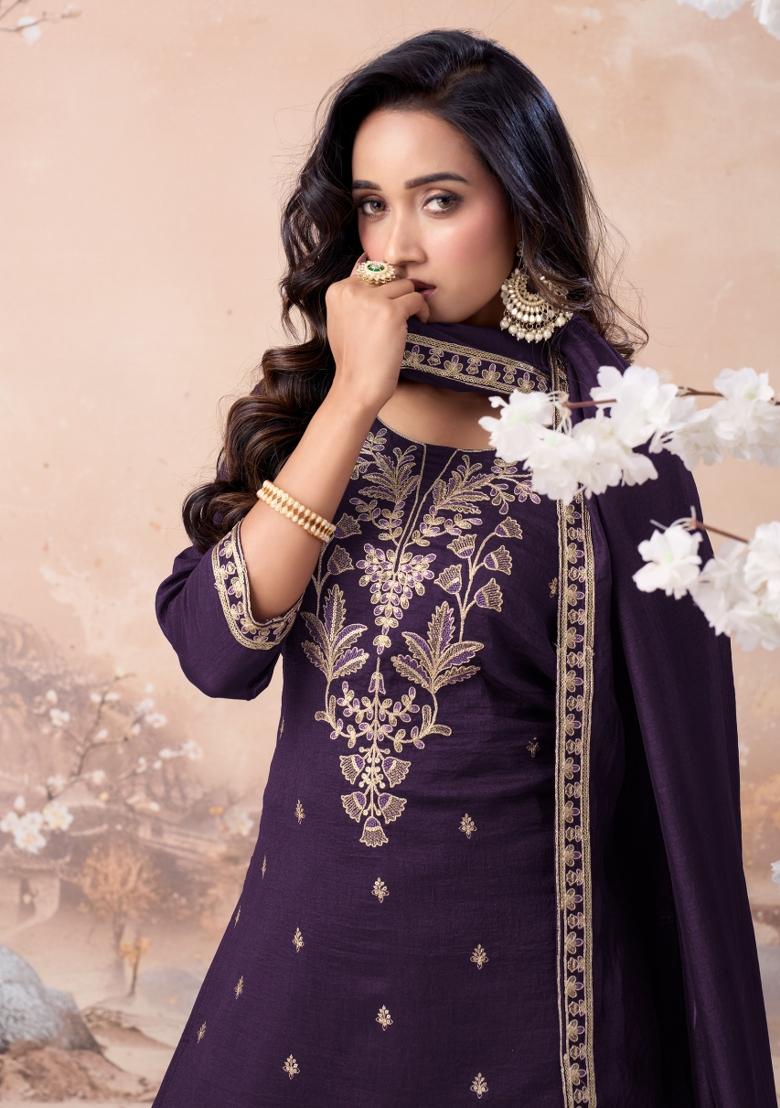 Purple Coading Work Silk Blend Salwar Kameez - Indya