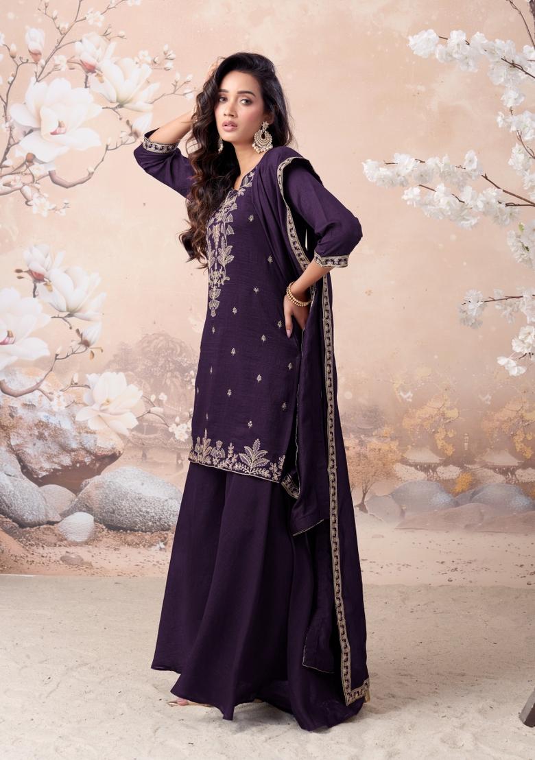 Purple Coading Work Silk Blend Salwar Kameez - Indya