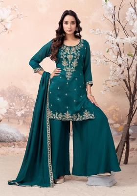 Teal Coading Work Silk Blend Salwar Kameez