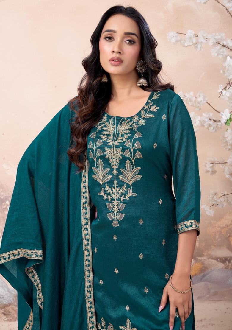 Teal Coading Work Silk Blend Salwar Kameez - Indya
