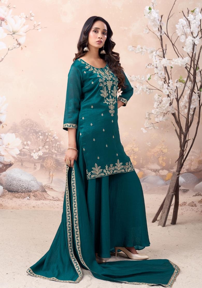 Teal Coading Work Silk Blend Salwar Kameez - Indya