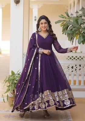 Violet Embroidered Silk Blend Anarkali With Dupatta