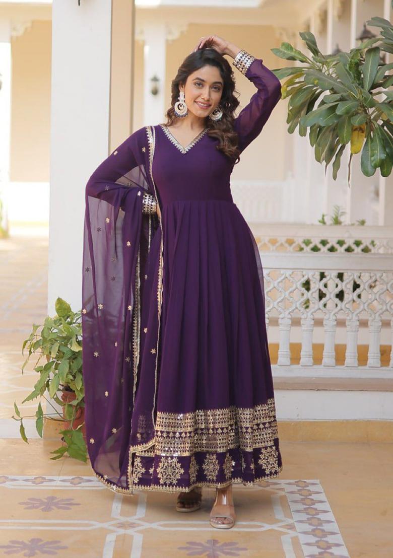 Violet Embroidered Silk Blend Anarkali With Dupatta - Indya