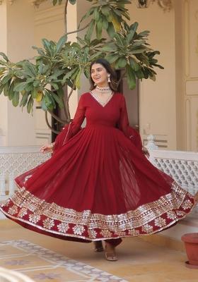 Red Embroidered Silk Blend Anarkali With Dupatta