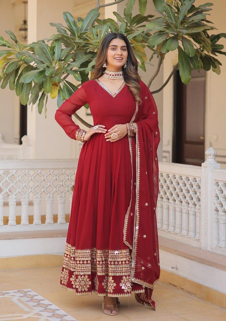 Red Embroidered Silk Blend Anarkali With Dupatta - Indya