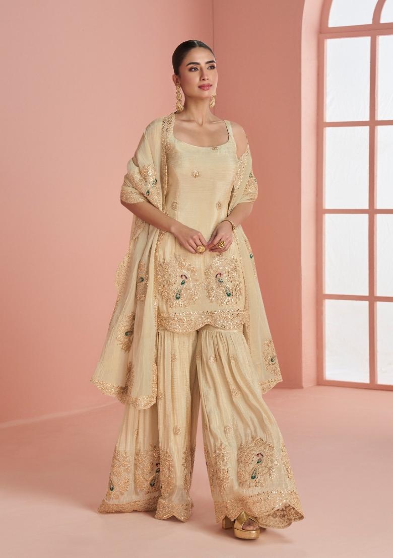 Beige Cord Silk Blend Kurta Set - Indya