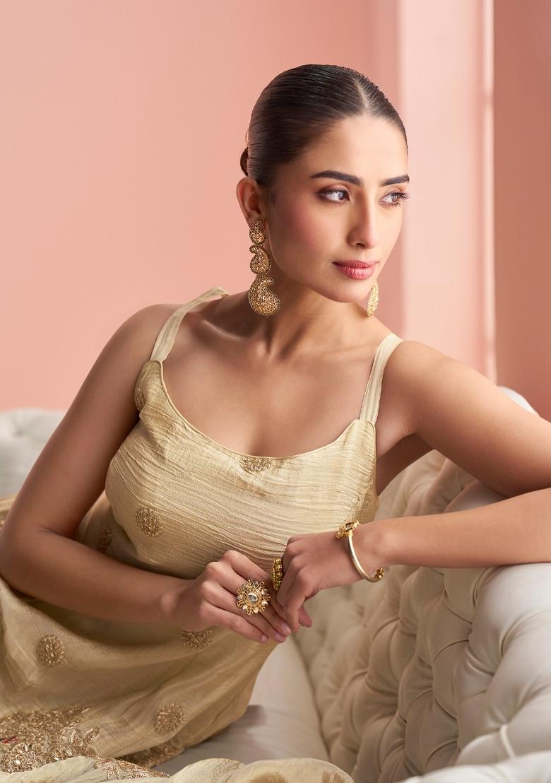 Beige Cord Silk Blend Kurta Set - Indya