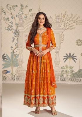 Orange Zari Work Silk Blend Anarkali Set