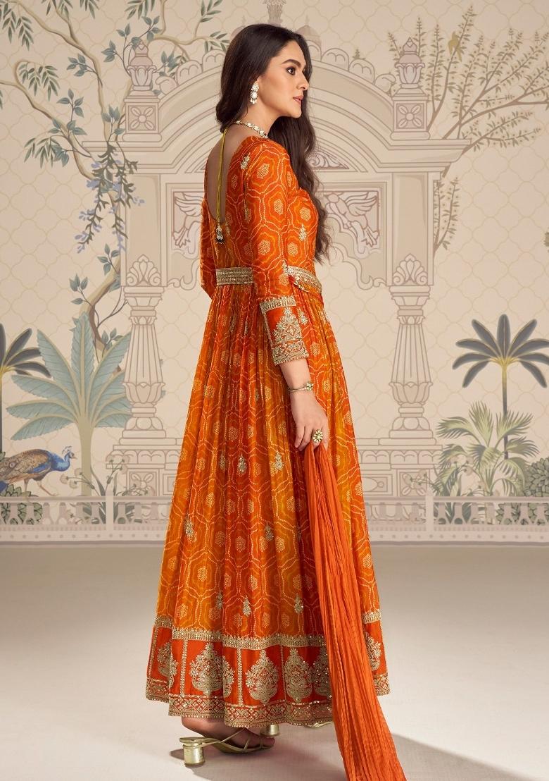 Orange Zari Work Silk Blend Anarkali Set - Indya