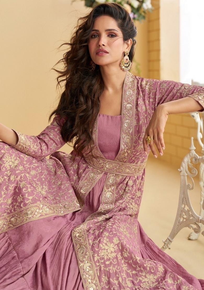 Pink Embroidered Silk Blend Anarkali With Shrug - Indya