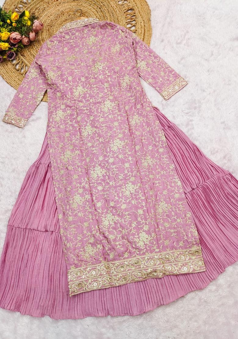 Pink Embroidered Silk Blend Anarkali With Shrug - Indya
