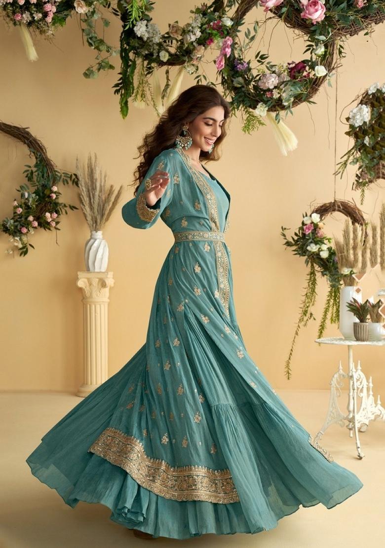 Blue Embroidered Silk Blend Anarkali With Shrug - Indya