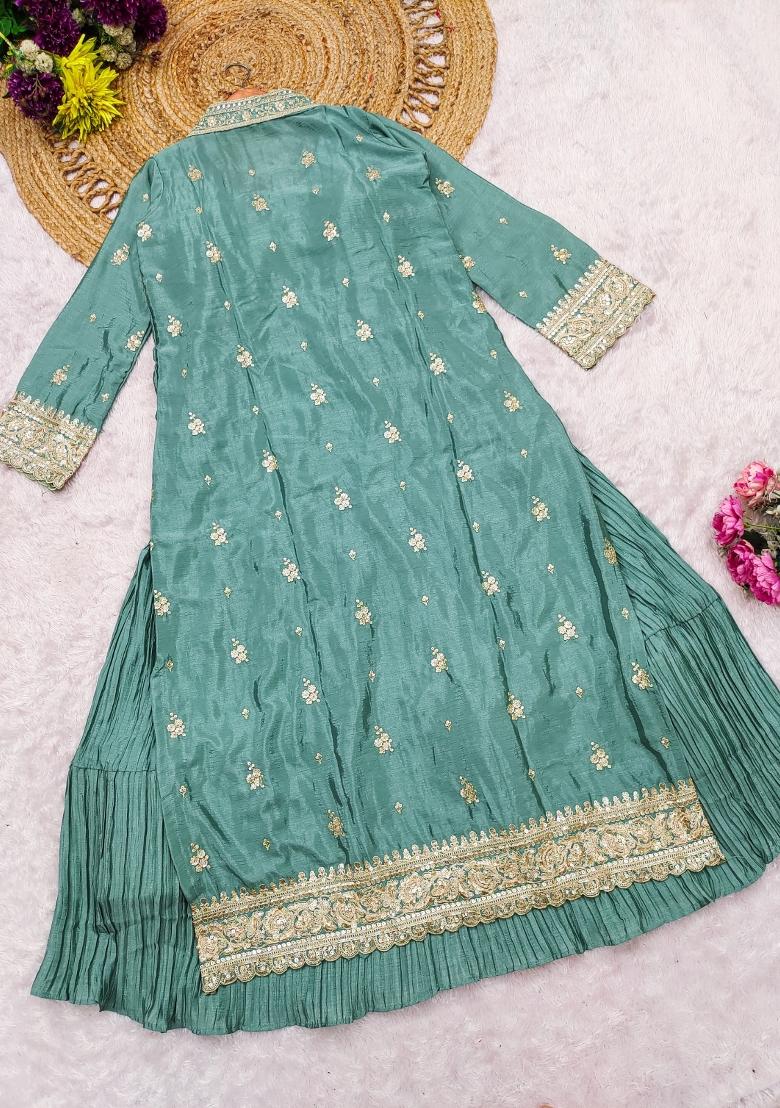 Blue Embroidered Silk Blend Anarkali With Shrug - Indya