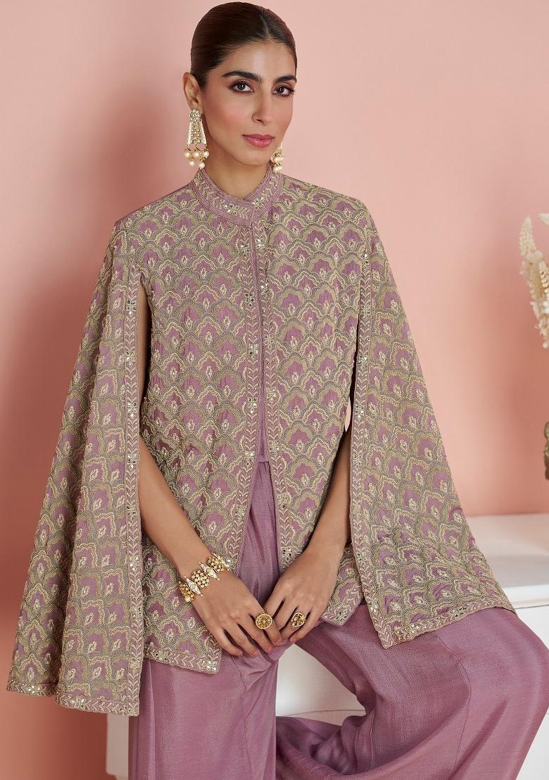 Lavender Embroidered Silk Blend Kurta Set - Indya