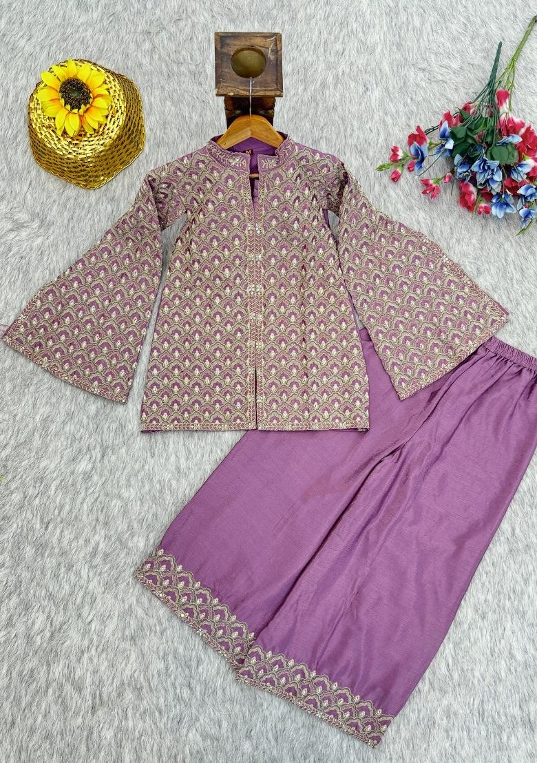 Lavender Embroidered Silk Blend Kurta Set - Indya
