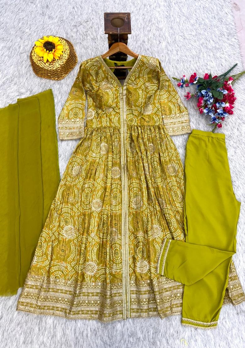 Mehendi Embroidered Silk Blend Kurta Set - Indya