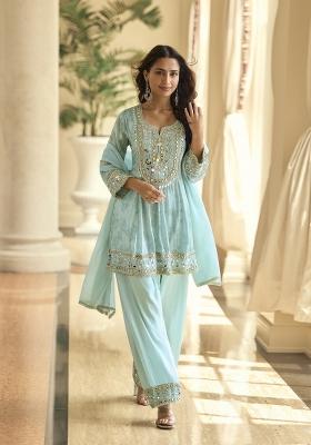 Sky Blue Mirror Work Silk Blend Kurta Set