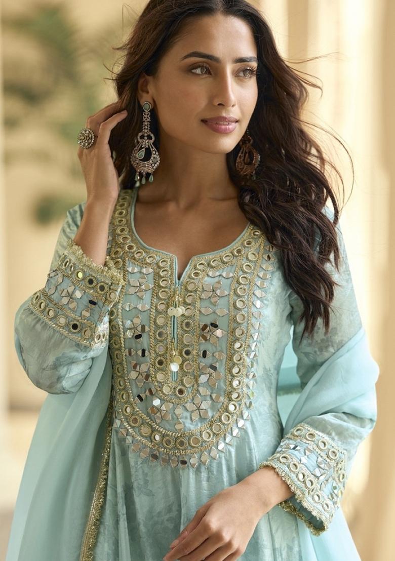 Sky Blue Mirror Work Silk Blend Kurta Set - Indya