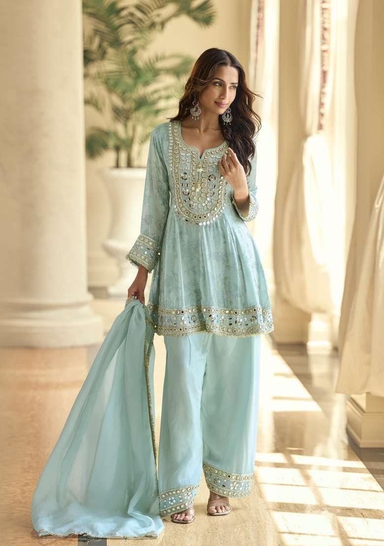 Sky Blue Mirror Work Silk Blend Kurta Set - Indya