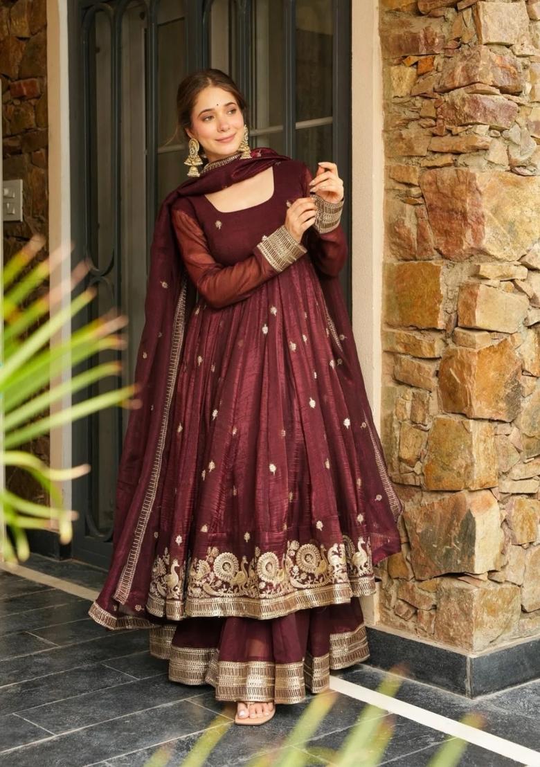 Chocolate Embroidered Silk Blend Anarkali Set - Indya