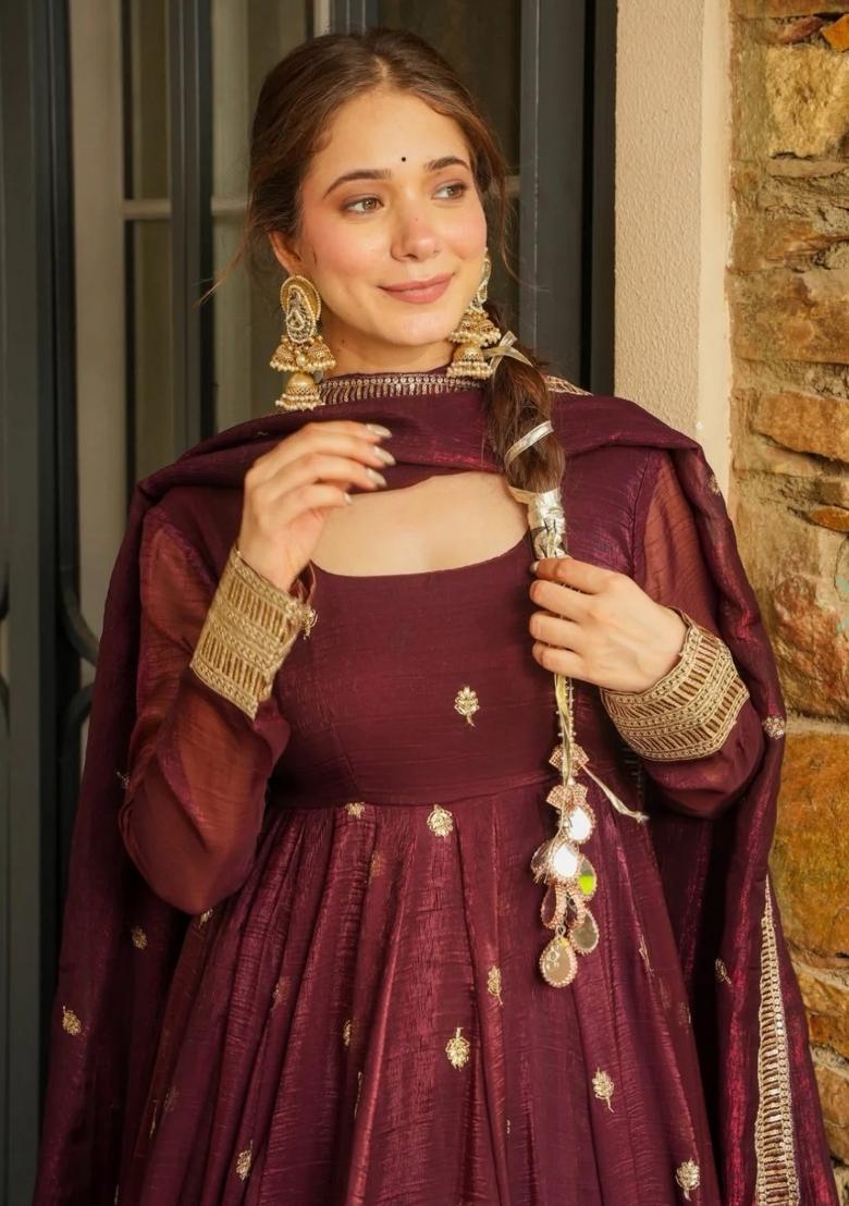 Chocolate Embroidered Silk Blend Anarkali Set - Indya