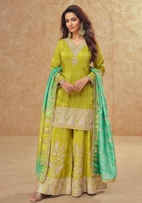 Olive Embroidered Silk Blend Kurta Set
