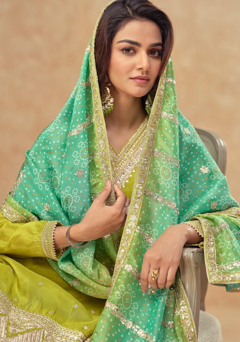 Olive Embroidered Silk Blend Kurta Set - Indya