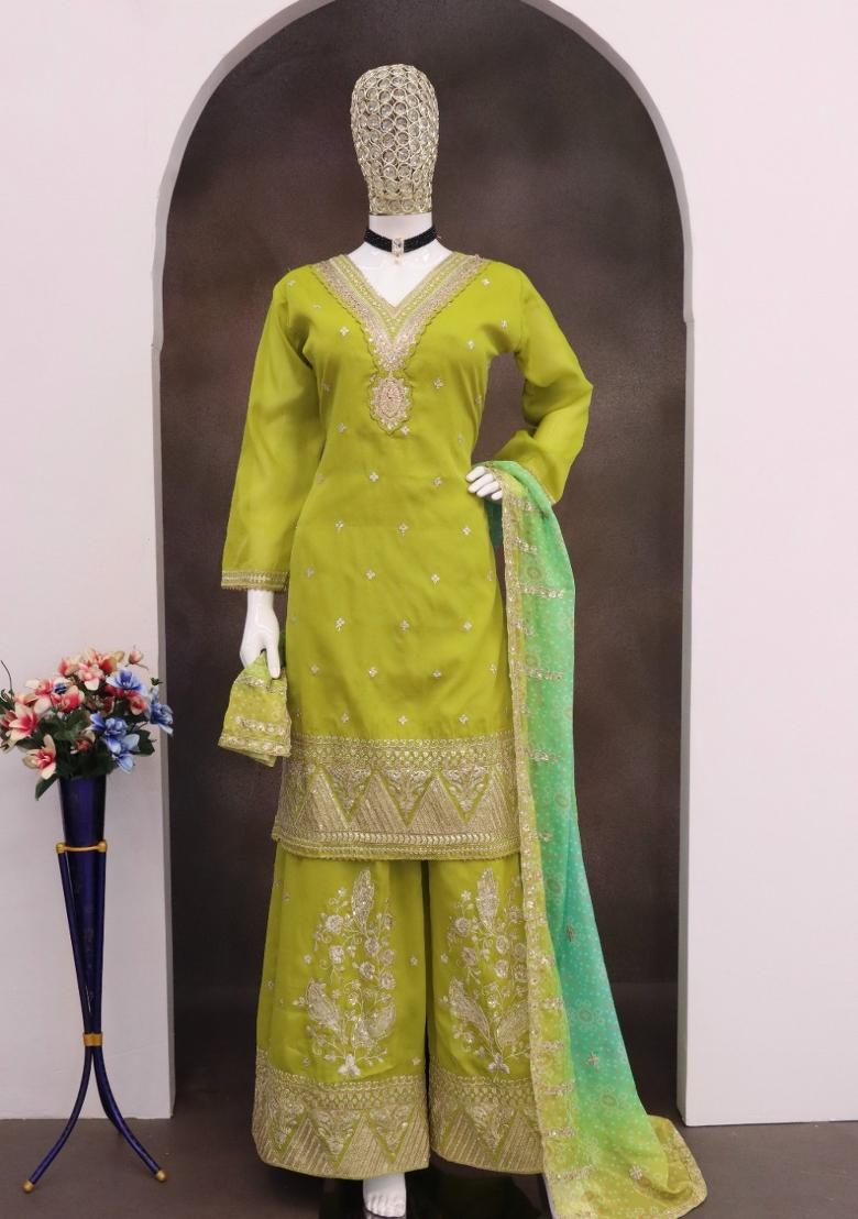 Olive Embroidered Silk Blend Kurta Set - Indya