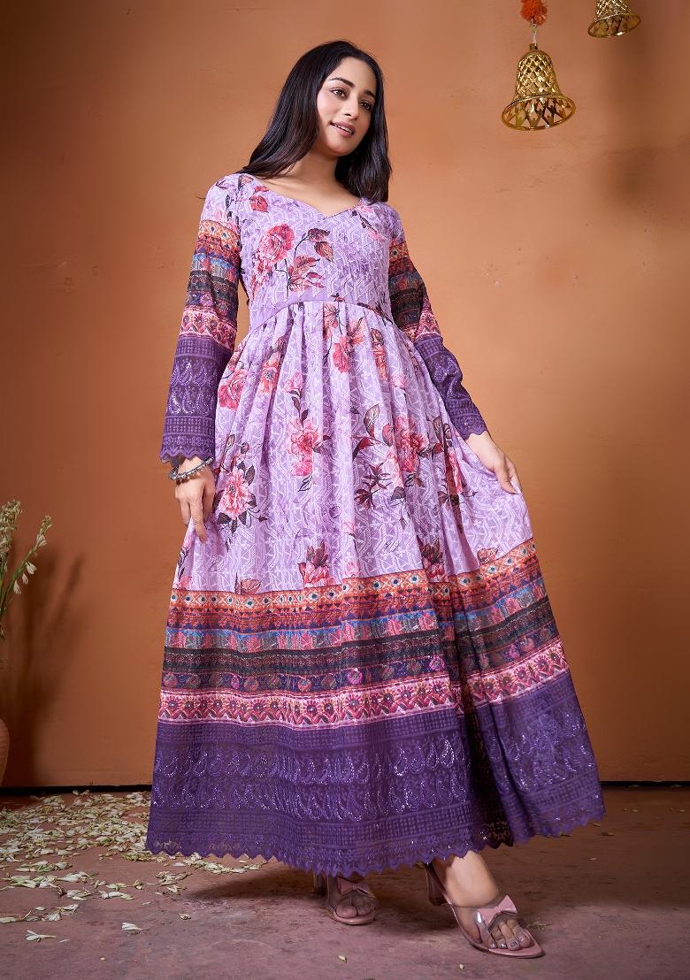 Purple Embroidered Georgette Kurta - Indya