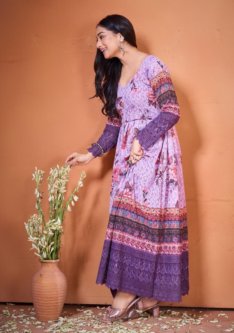 Purple Embroidered Georgette Kurta - Indya