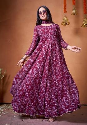 Maroon Printed Georgette Kurta With Dupatta