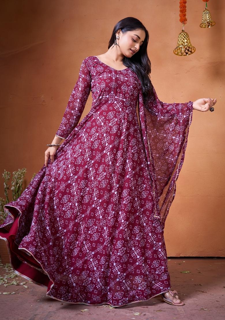 Maroon Printed Georgette Kurta With Dupatta - Indya