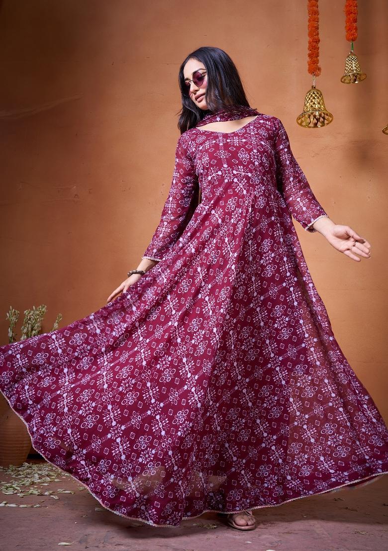 Maroon Printed Georgette Kurta With Dupatta - Indya