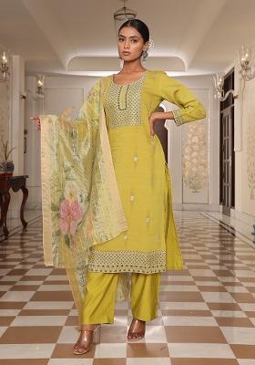 Light Yellow Embroidered Silk Blend Kurta Set