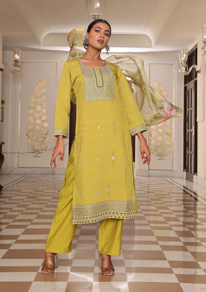 Light Yellow Embroidered Silk Blend Kurta Set - Indya