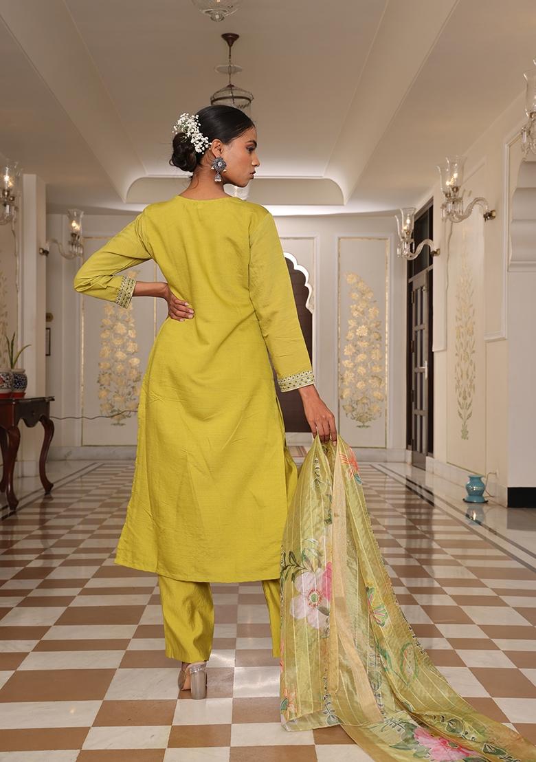 Light Yellow Embroidered Silk Blend Kurta Set - Indya