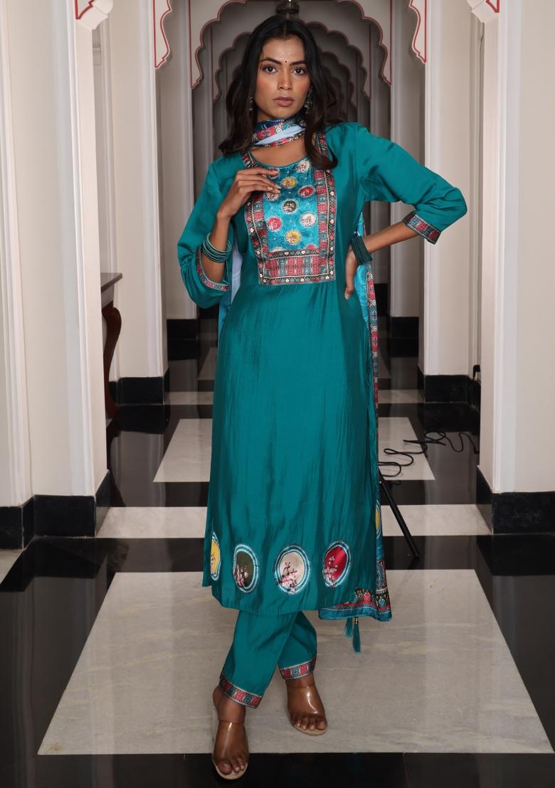 Teal Embroidered Viscose Kurta Set - Indya