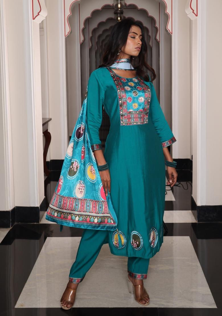 Teal Embroidered Viscose Kurta Set - Indya
