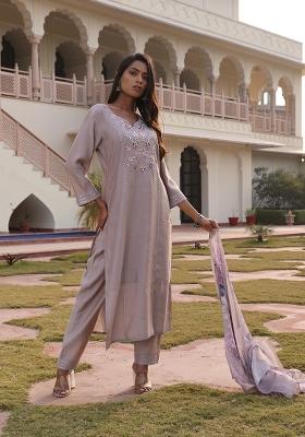 Beige Embroidered Silk Blend Kurta Set