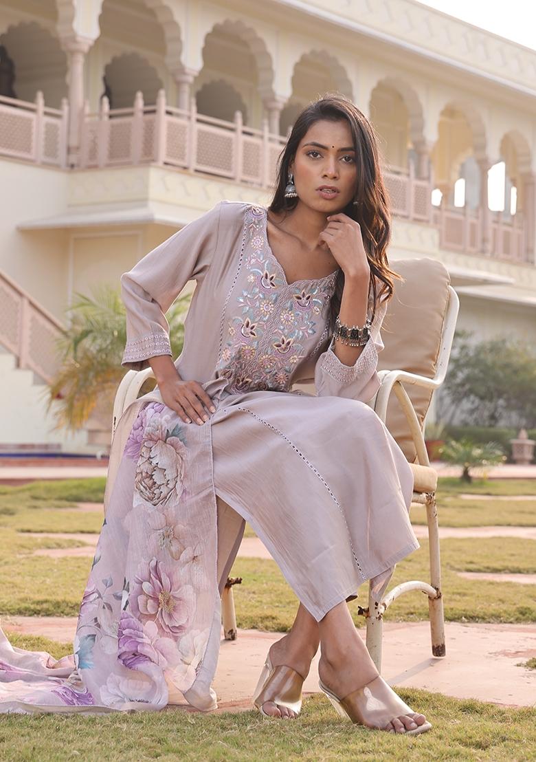 Beige Embroidered Silk Blend Kurta Set - Indya