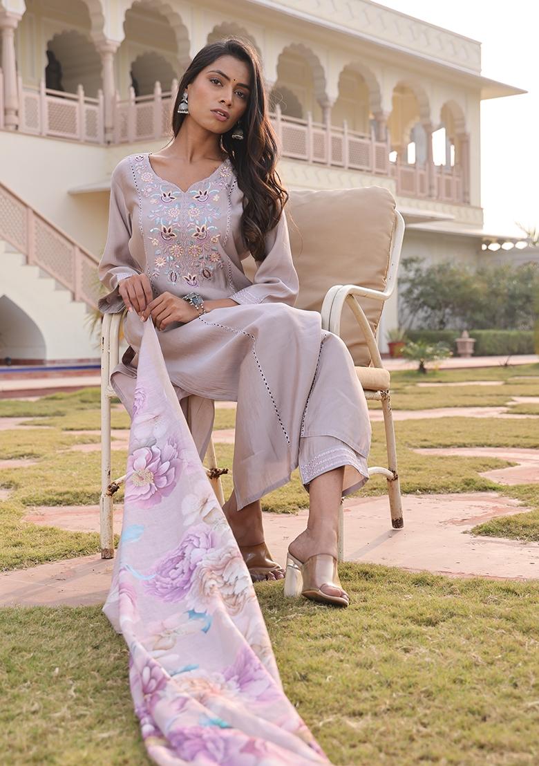 Beige Embroidered Silk Blend Kurta Set - Indya