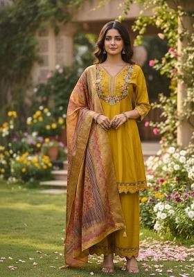 Mustard Embroidered Silk Blend Kurta Set