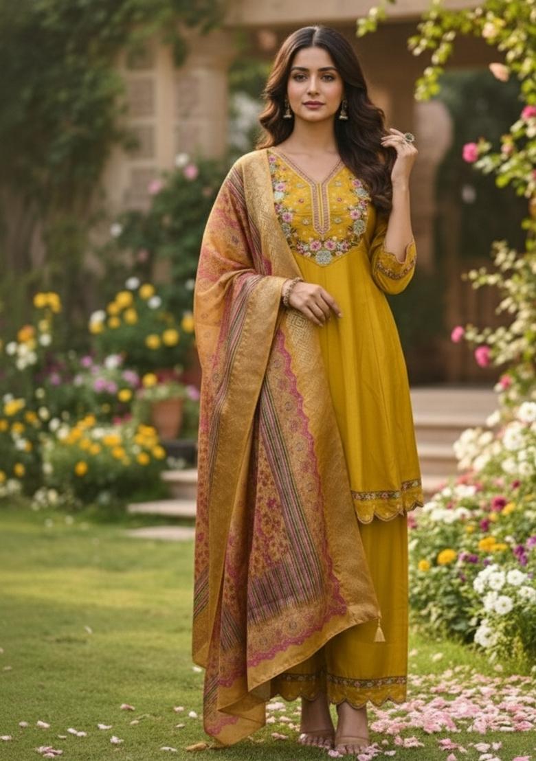 Mustard Embroidered Silk Blend Kurta Set - Indya