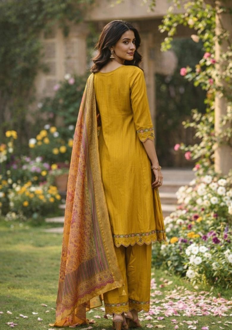 Mustard Embroidered Silk Blend Kurta Set - Indya