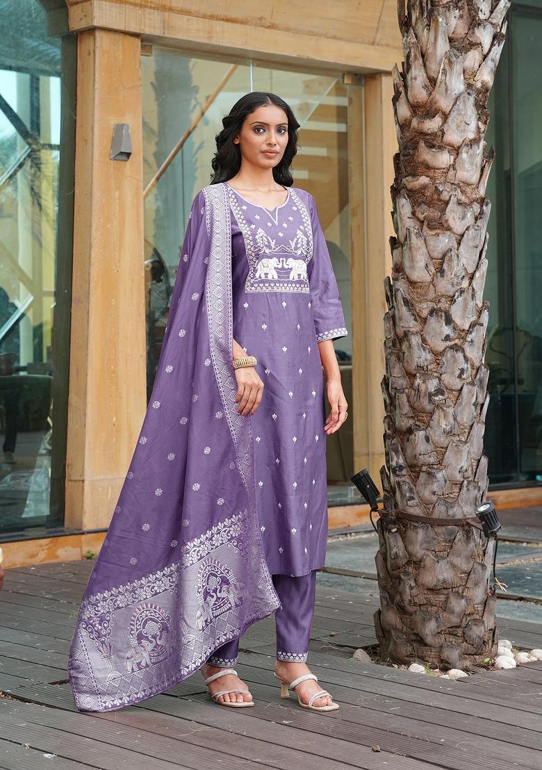 Purple Embroidered Vatican Kurta Set - Indya